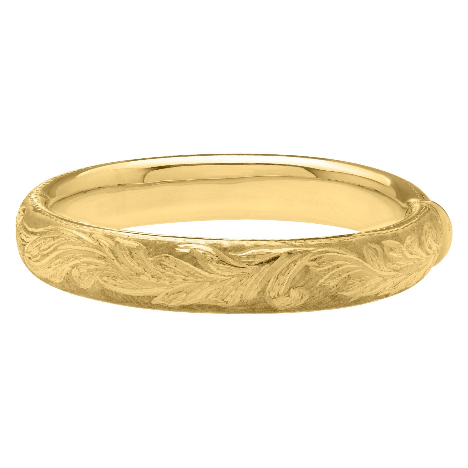Engraved 14k yellow gold large bangle featuring exquisite diamond accents in a modern luxury design.