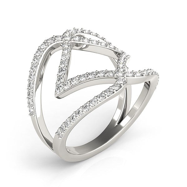 14k white gold entwined design dual band ring featuring round diamonds in a modern prong setting.