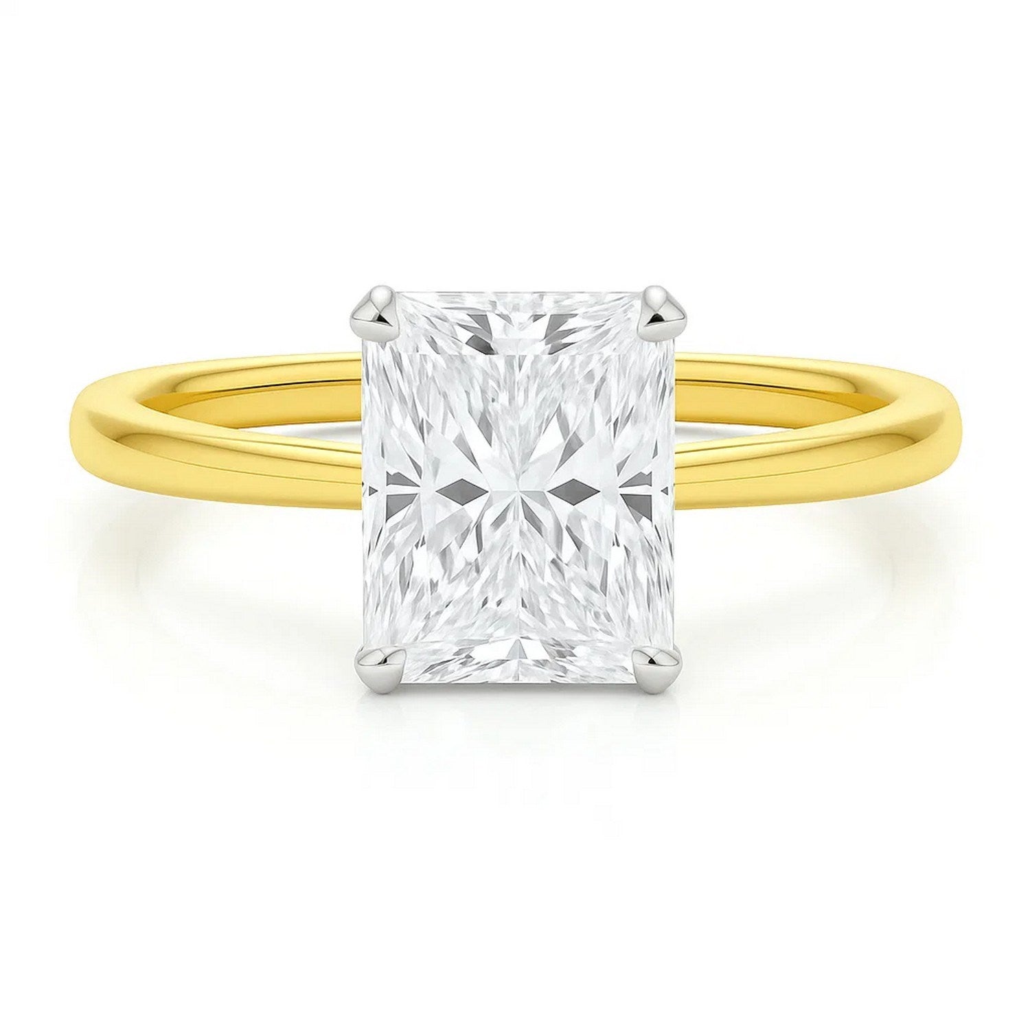 5 carat radiant lab-grown diamond solitaire ring in 14k yellow gold with elegant prong setting, modern design.