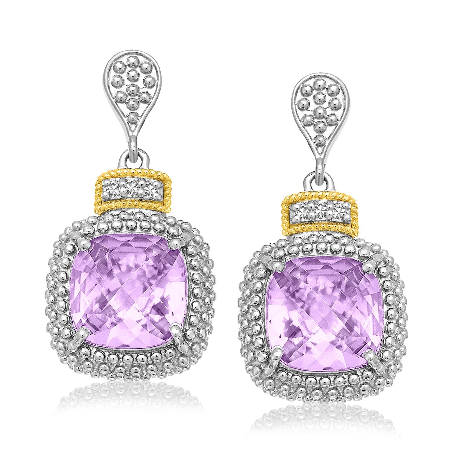 18k Yellow Gold & Sterling Silver Textured Diamond Cushion Amethyst Earrings (.05cttw)