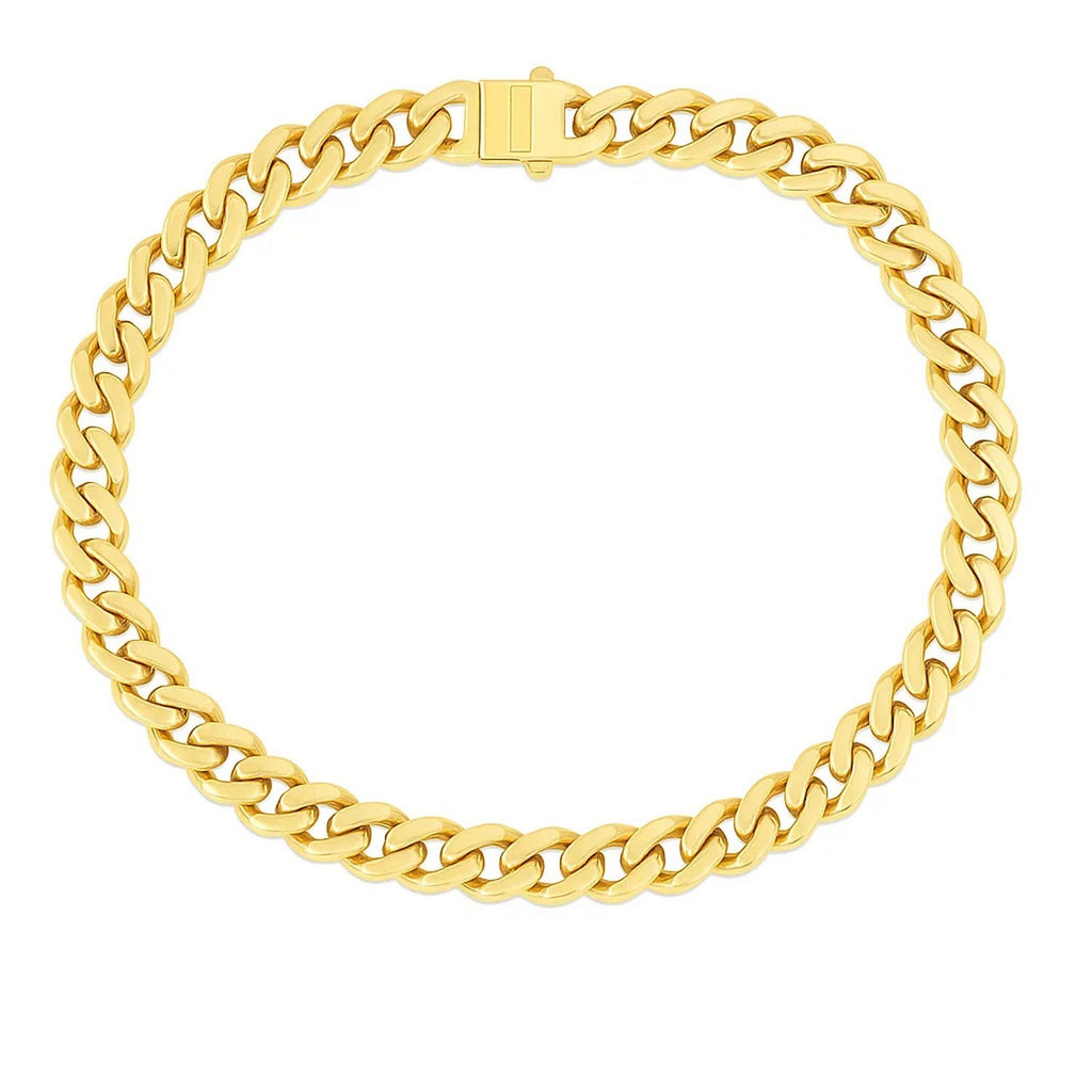 14k yellow gold polished Miami Cuban chain bracelet featuring classic links, perfect for elegant layering and everyday wear.