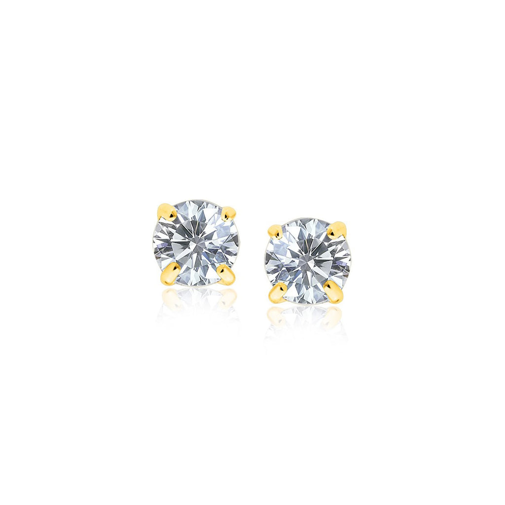 14k yellow gold polished faceted stud earrings with modern round design and elegant prong setting.