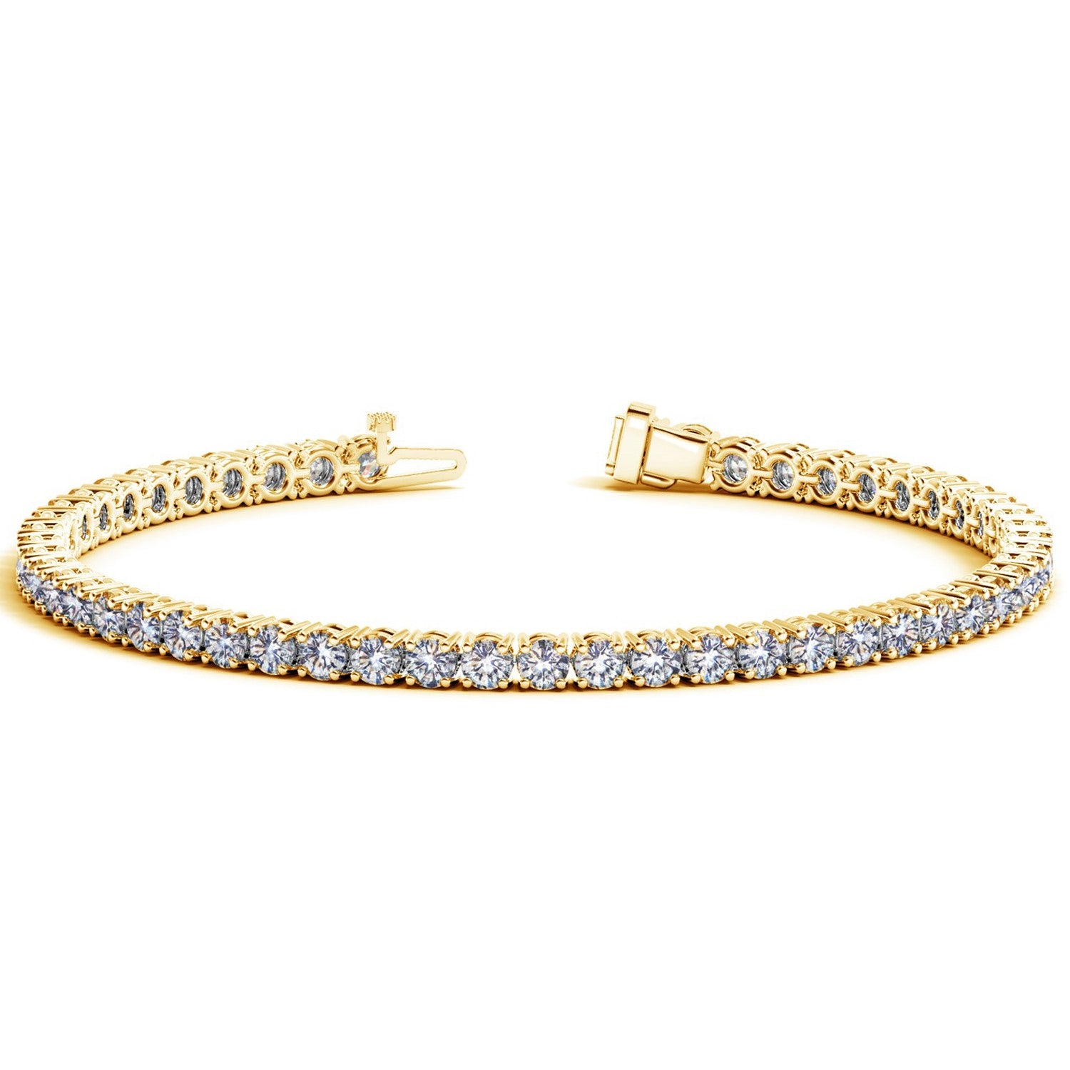 Lab grown round diamond tennis bracelet in 14k yellow gold, featuring a modern prong setting and 7 cctw brilliance.