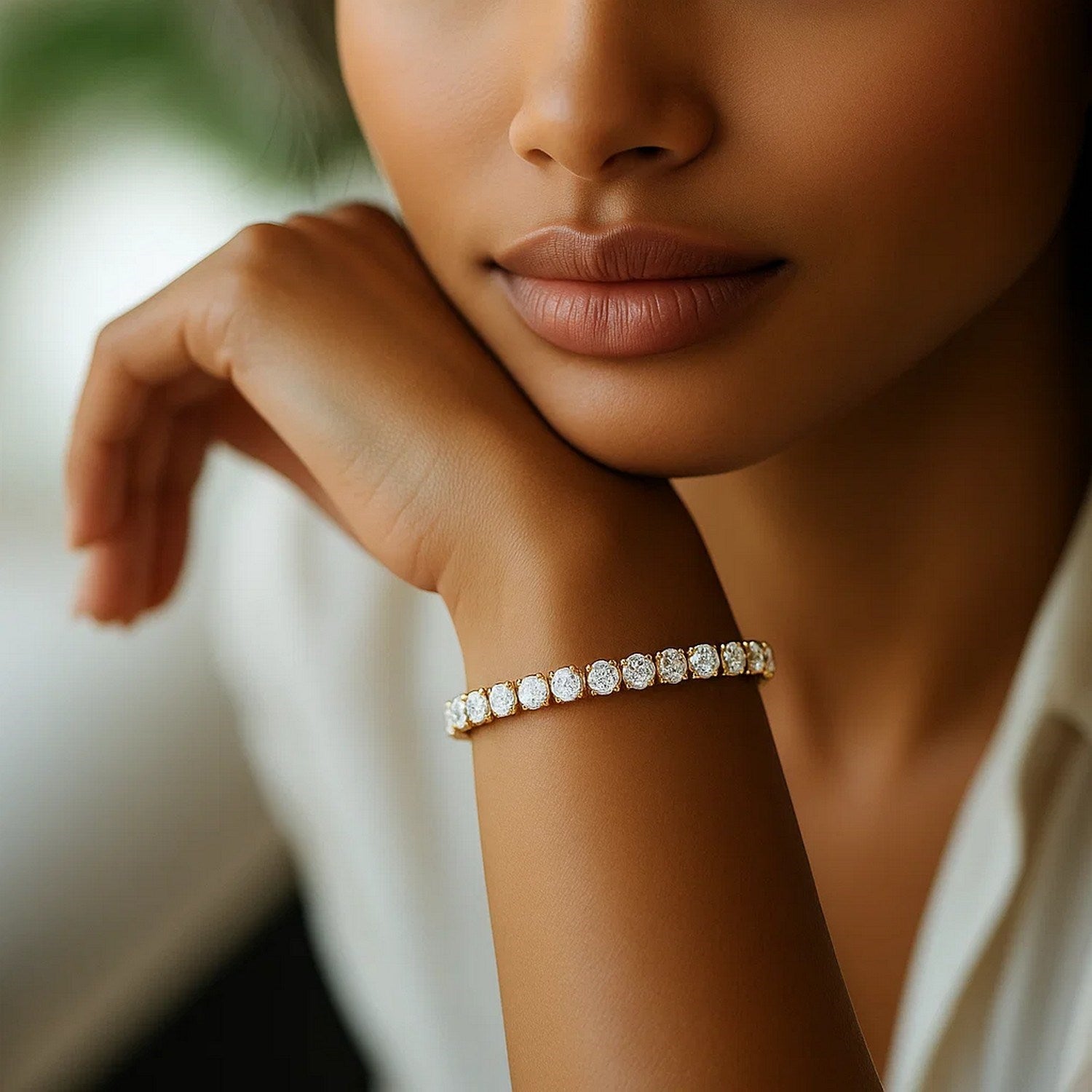 Lab grown diamond tennis bracelet in 14k yellow gold, featuring prong setting and modern design, showcasing 7 cctw brillia...