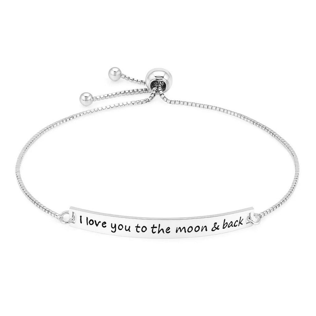 Sterling silver adjustable bracelet featuring "I Love You to the Moon and Back" inscription in modern luxury style.