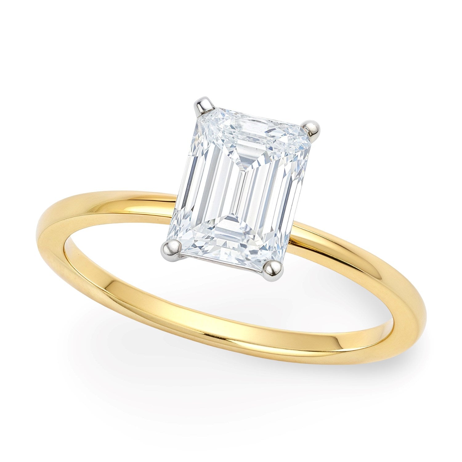 1 Carat radiant lab-grown diamond solitaire ring in elegant 14k yellow gold with classic prong setting.