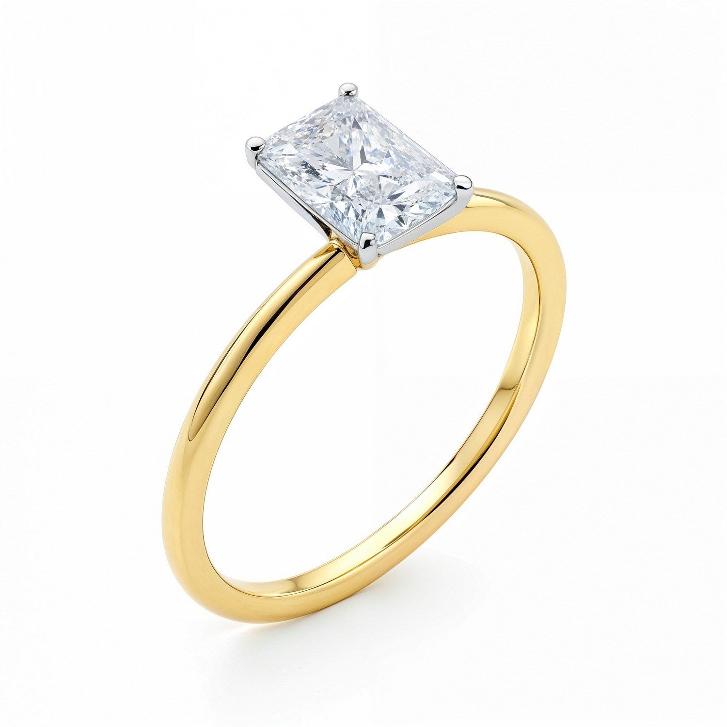 1 carat radiant lab-grown diamond solitaire ring in 14k yellow gold, featuring elegant prong setting and timeless design.