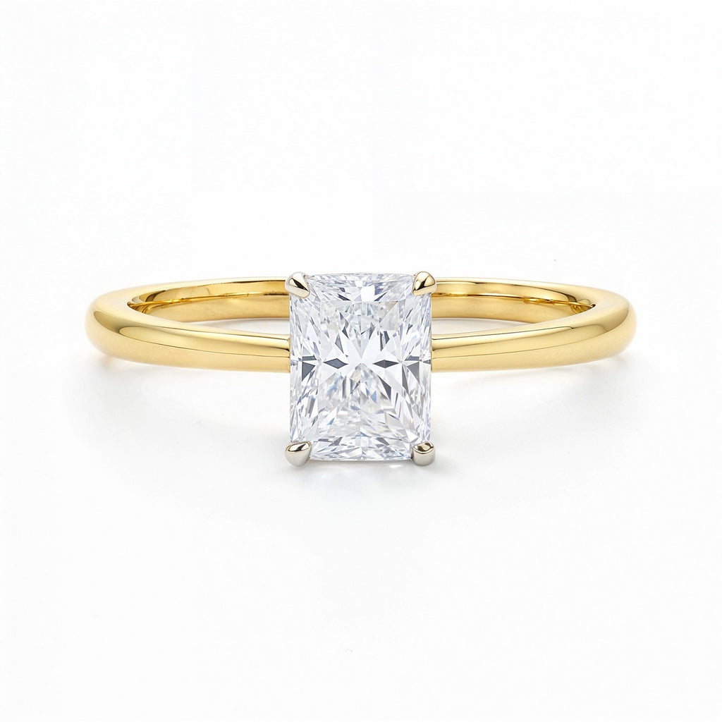 1 carat radiant lab-grown diamond solitaire ring in 14k yellow gold with elegant prong setting, showcasing timeless luxury.