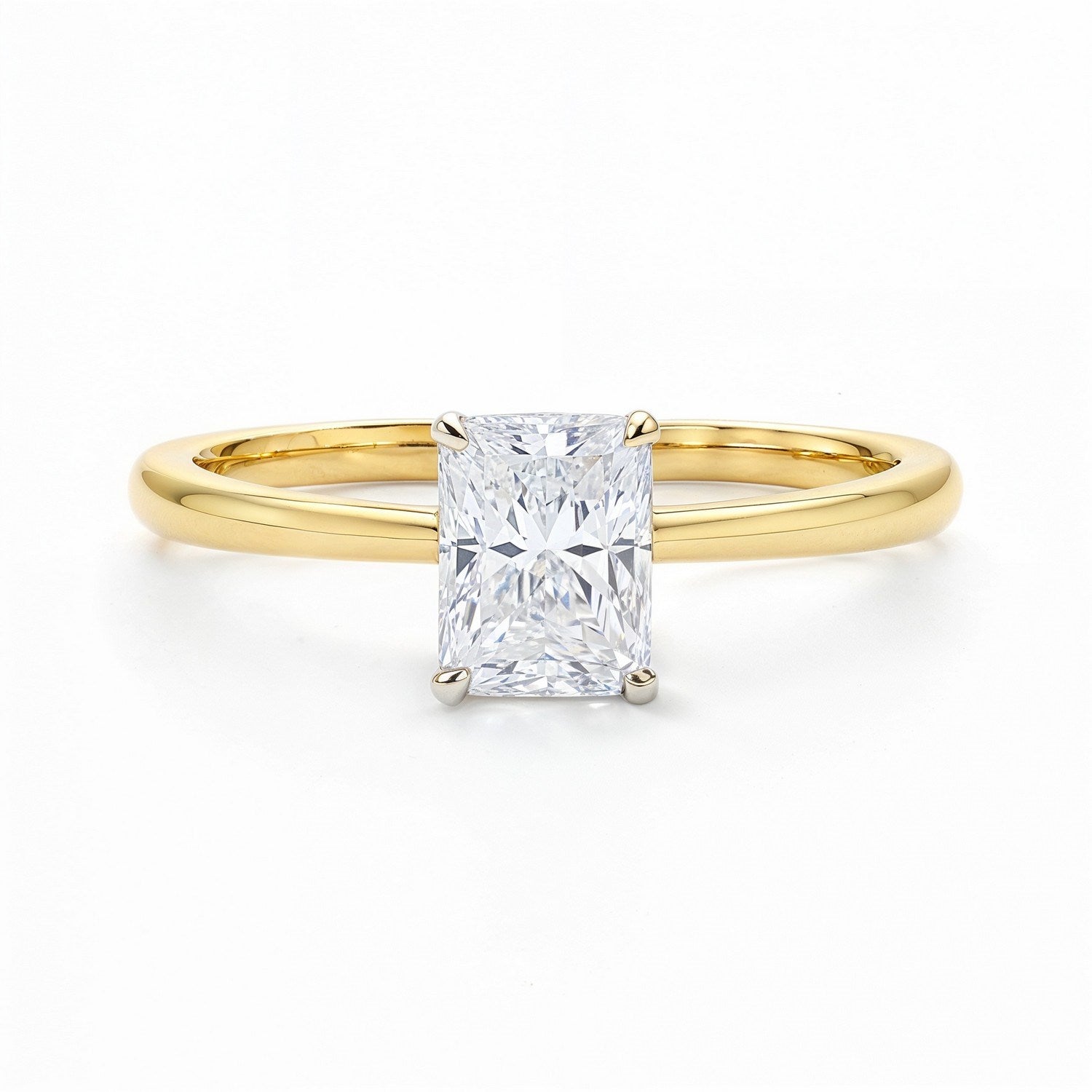 1 carat radiant lab-grown diamond solitaire ring in 14k yellow gold with elegant prong setting, showcasing timeless luxury.