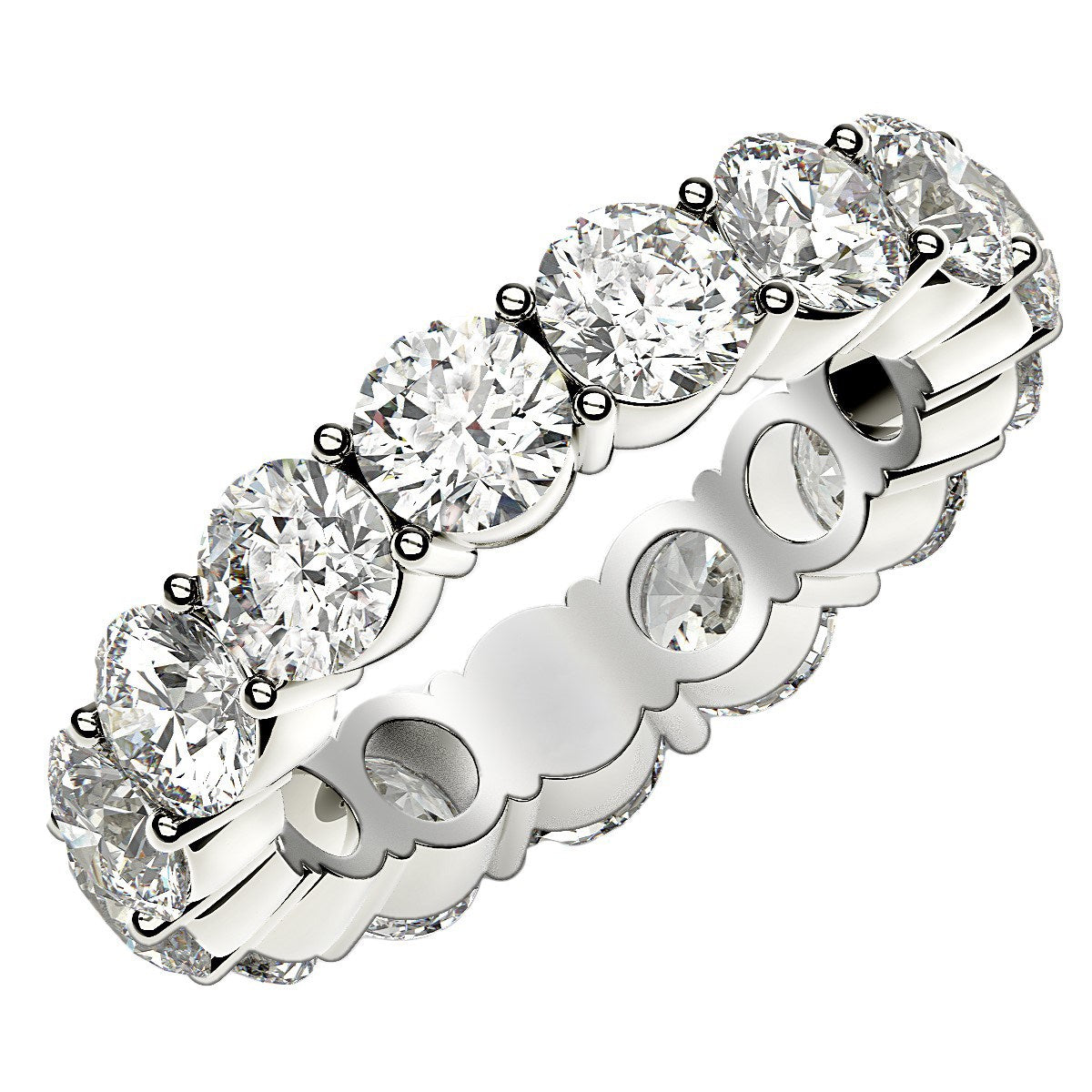 Round cut lab-grown diamond eternity ring in 14k white gold, featuring a modern prong setting and 5 cttw brilliance.
