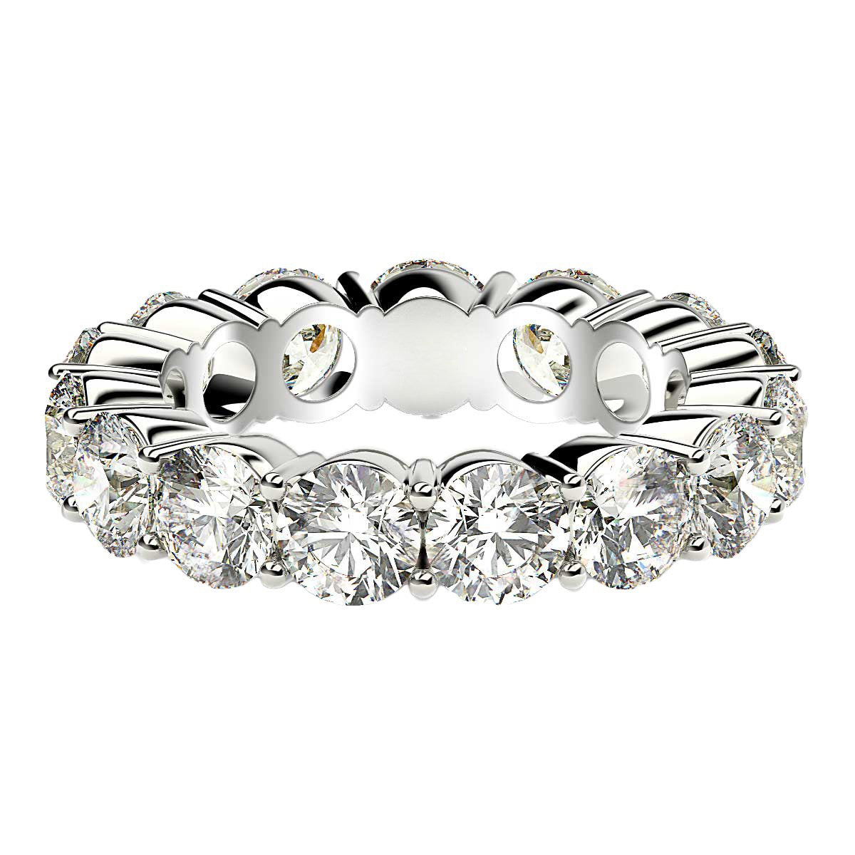 Round cut lab grown diamond eternity ring in 14k white gold, featuring a modern prong setting and exquisite sparkle.