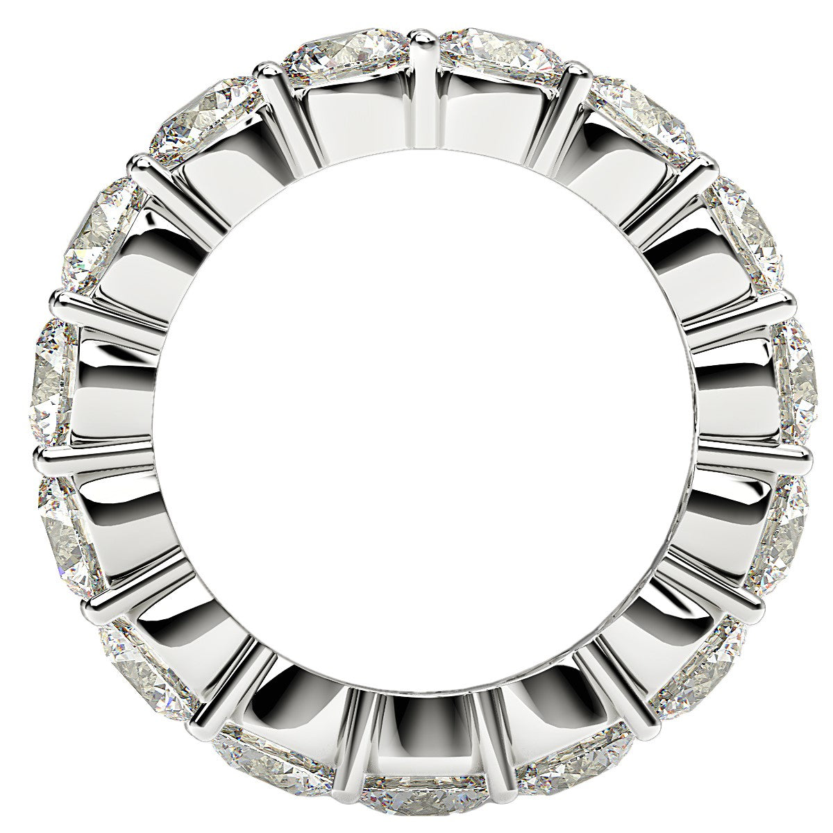 Round cut lab-grown diamond eternity ring in 14k white gold, featuring a modern prong setting and elegant design.