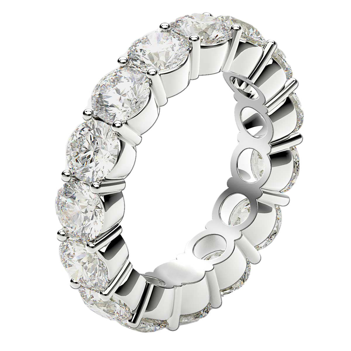 Round cut lab-grown diamond eternity ring in 14k white gold, featuring a modern prong setting and 5 cttw brilliance.