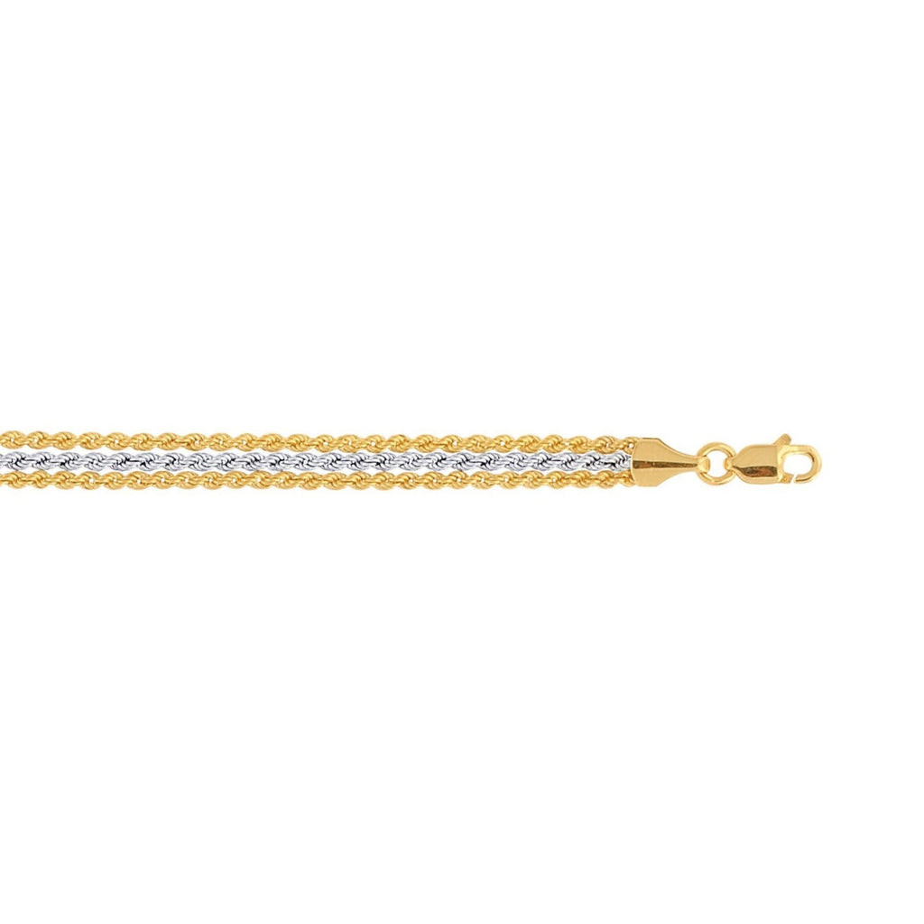 Triple strand rope chain bracelet in 10k two-tone gold, featuring modern design and luxurious 14k gold craftsmanship.