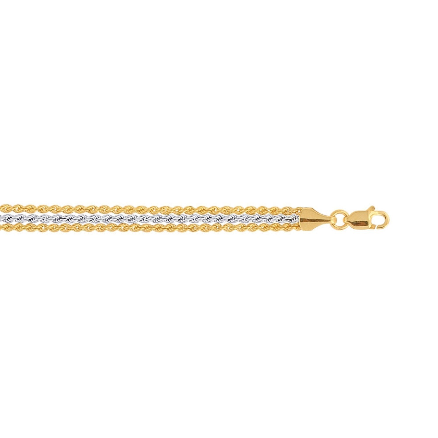 Triple strand rope chain bracelet in 10k two-tone gold, featuring modern design and luxurious 14k gold craftsmanship.