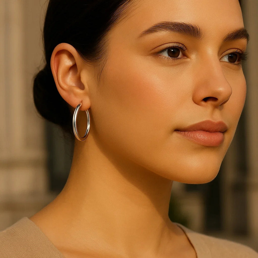 Polished 10k white gold hoop earrings featuring a modern design, perfect for elegant occasions.
