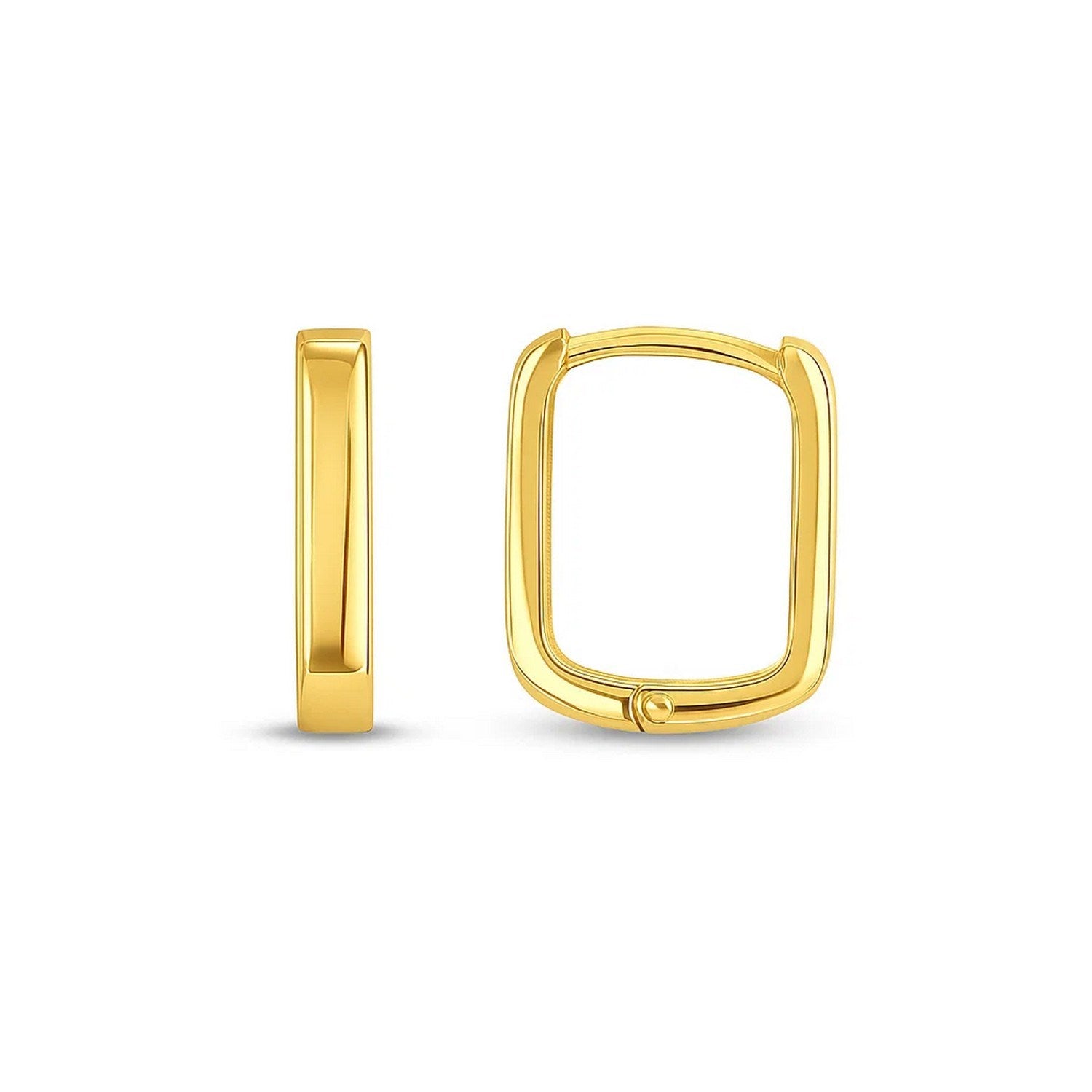 14k yellow gold small square huggie earrings with a modern design, perfect for elegant everyday wear.