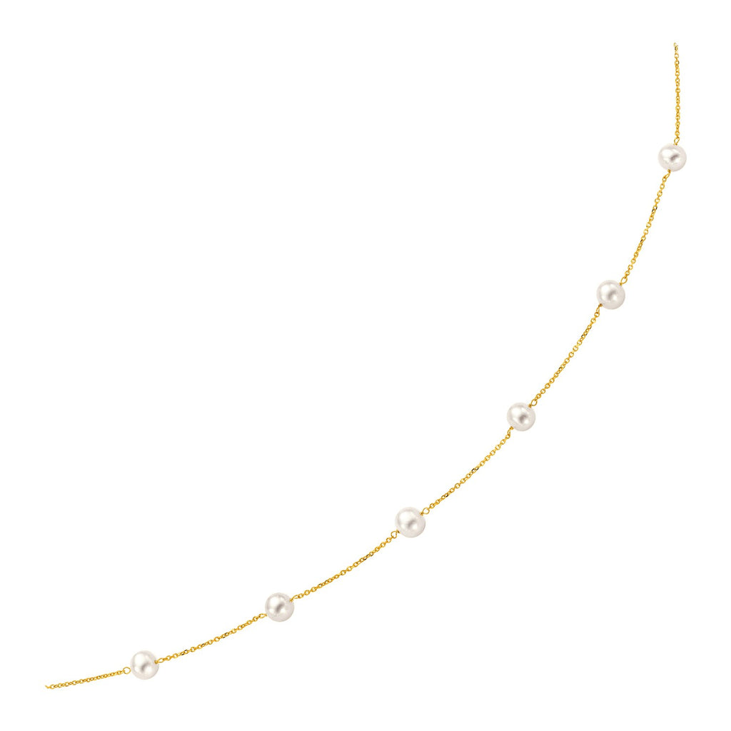 14k yellow gold necklace featuring lustrous white pearls in a modern round design for elegant sophistication.