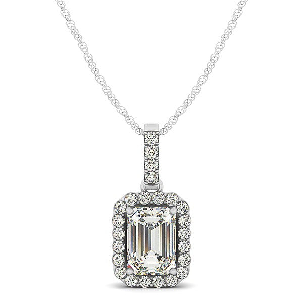 Halo pendant necklace in 14k white gold featuring an emerald center diamond and modern round design.