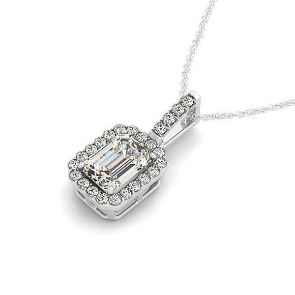 Halo pendant necklace featuring an emerald center diamond in 14k white gold, showcasing modern elegance and brilliance.