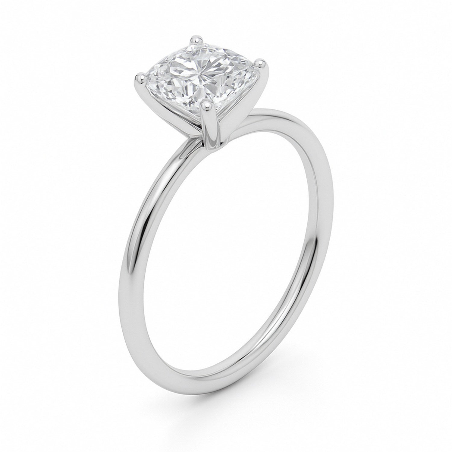 14k white gold classic solitaire ring featuring a 1 1/2 carat cushion lab-grown diamond in a prong setting