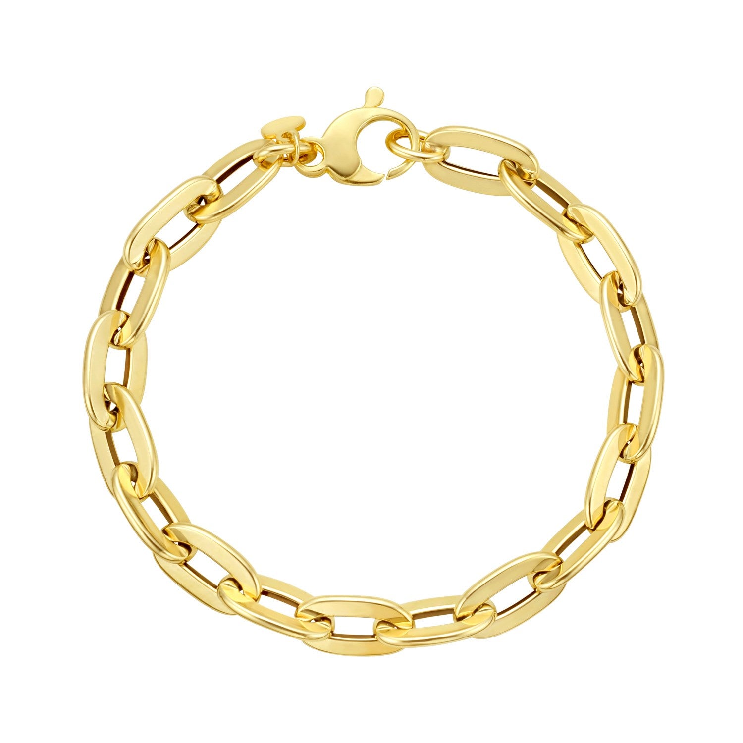14k yellow gold long mirror rolo link chain bracelet, modern design with elegant shine, perfect for luxury styling.