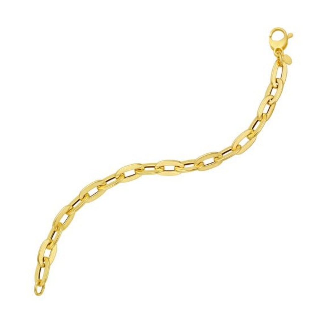 14k yellow gold long mirror rolo link chain bracelet, modern design with elegant shine and refined craftsmanship.