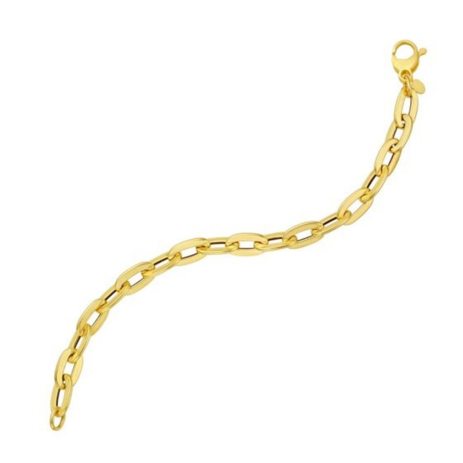 14k yellow gold long mirror rolo link chain bracelet, modern design with elegant shine and refined craftsmanship.