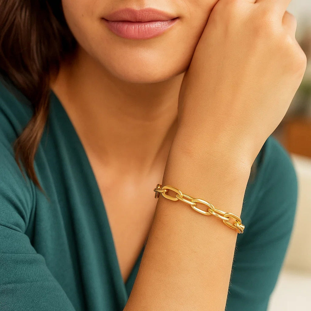 14K yellow gold long mirror rolo link chain bracelet, modern design with elegant shine, perfect for luxury styling.