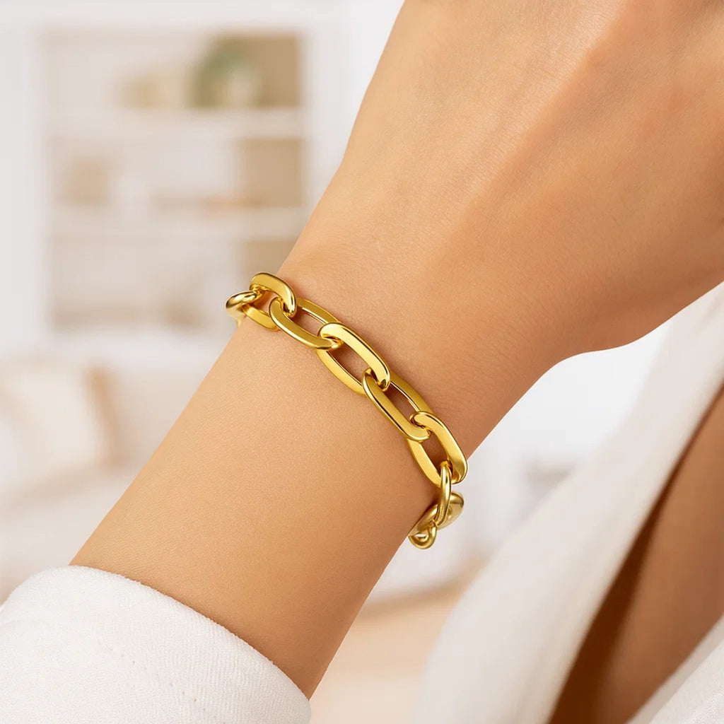 14K yellow gold long mirror rolo link chain bracelet, modern design, featuring elegant interlocking links.