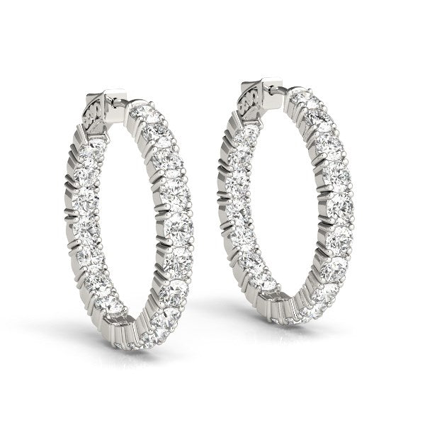 14k white gold polished hoop earrings featuring round diamonds in a modern prong setting, totaling 3 1/2 cttw.