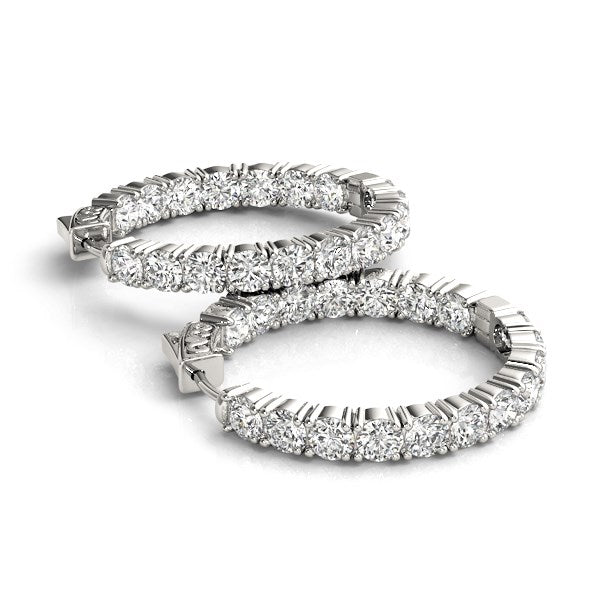 14k white gold polished hoop earrings featuring round diamonds in a modern prong setting, 3 1/2 cttw elegance.