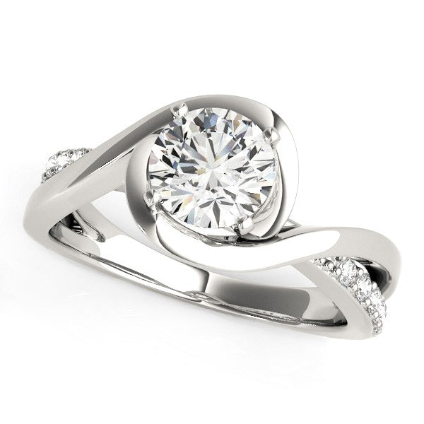 14k white gold split band bypass engagement ring featuring round diamonds in a modern prong setting.