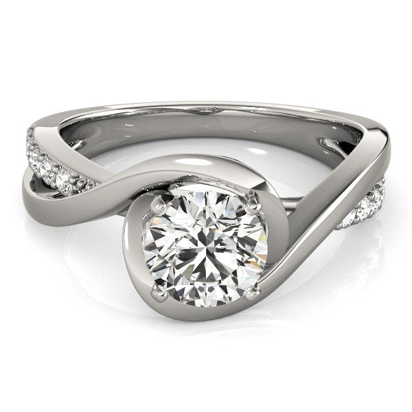 14k white gold split band bypass engagement ring featuring round diamonds in a modern prong setting.