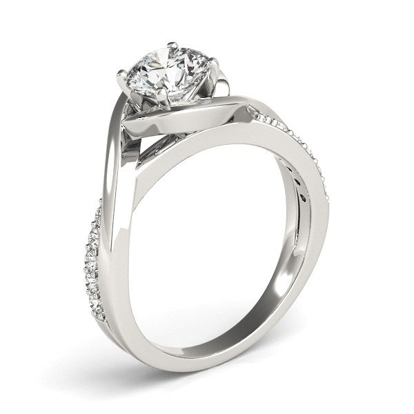 14k white gold split band bypass engagement ring featuring a round diamond in a modern prong setting.