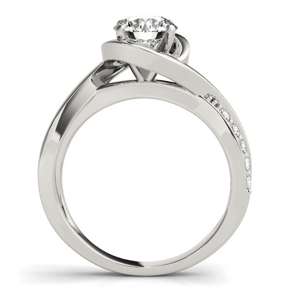 14k white gold split band bypass engagement ring featuring round diamonds in a modern prong setting.
