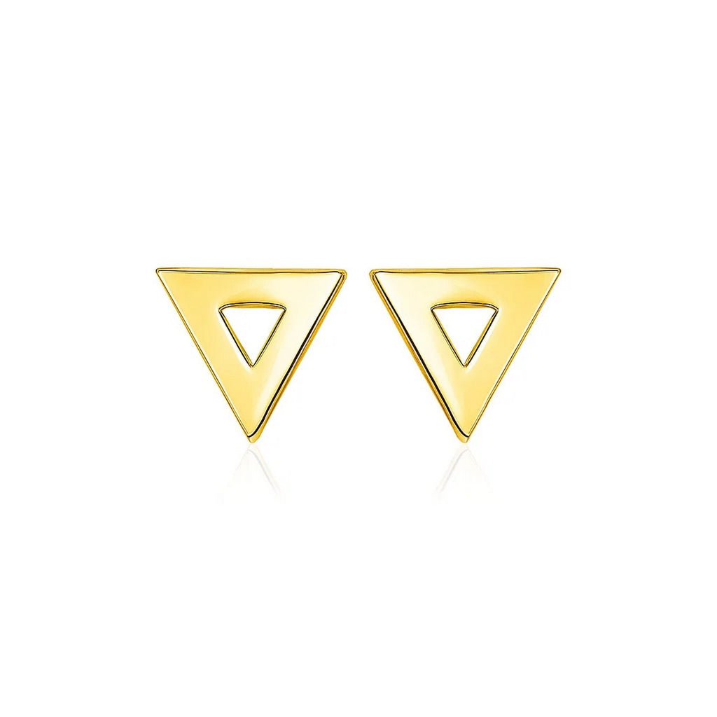 14k yellow gold polished open triangle stud earrings with a modern design, perfect for elegant everyday wear.