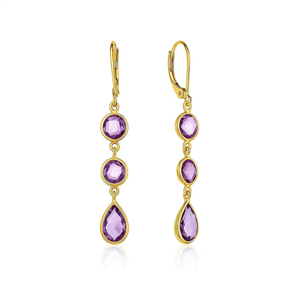 14k yellow gold drop earrings featuring round and pear-shaped amethysts in elegant bezel settings.