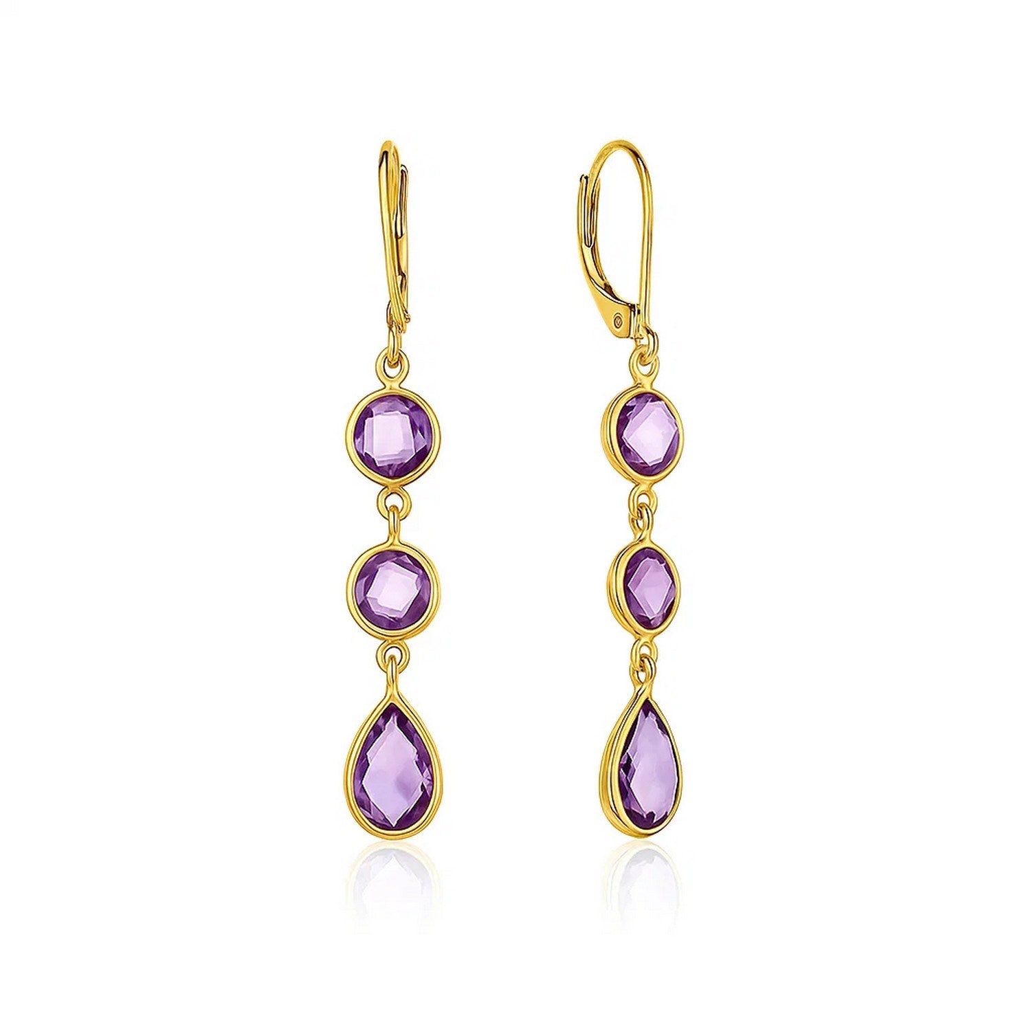 14k yellow gold drop earrings featuring round and pear-shaped amethysts in elegant bezel settings.