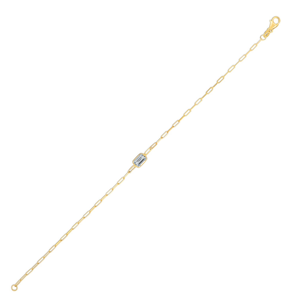 14k yellow gold paperclip bracelet featuring modern design and sparkling white topaz accents for a luxurious touch.