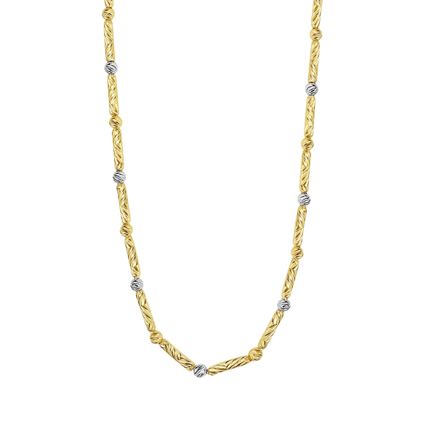 Two-tone 14k gold necklace featuring round diamonds and pearls in a modern bar and bead design.