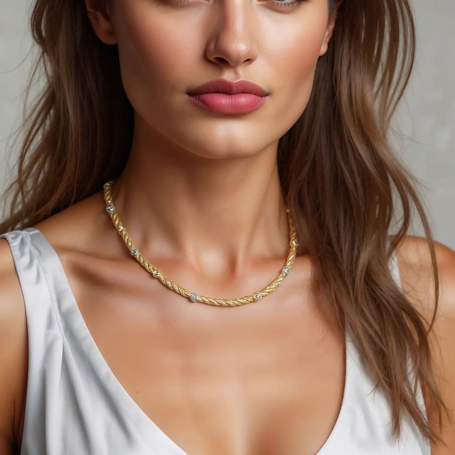 Two-tone 14k gold bar and bead necklace featuring round diamonds and pearls in a modern design.