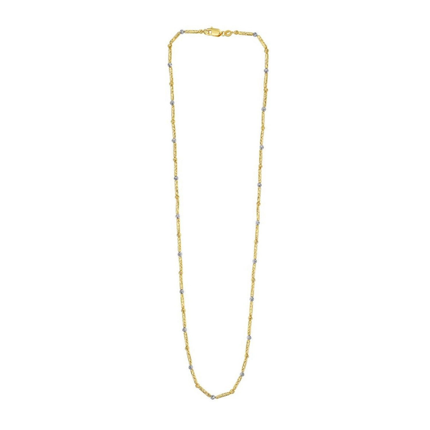 Two-tone 14k gold necklace featuring round pearls and diamonds in a modern bar design, perfect for elegant occasions.