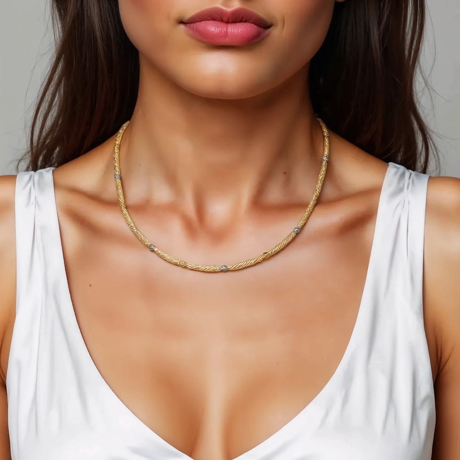 Two-tone 14k gold necklace featuring round diamonds and pearls in a modern bar and bead design.