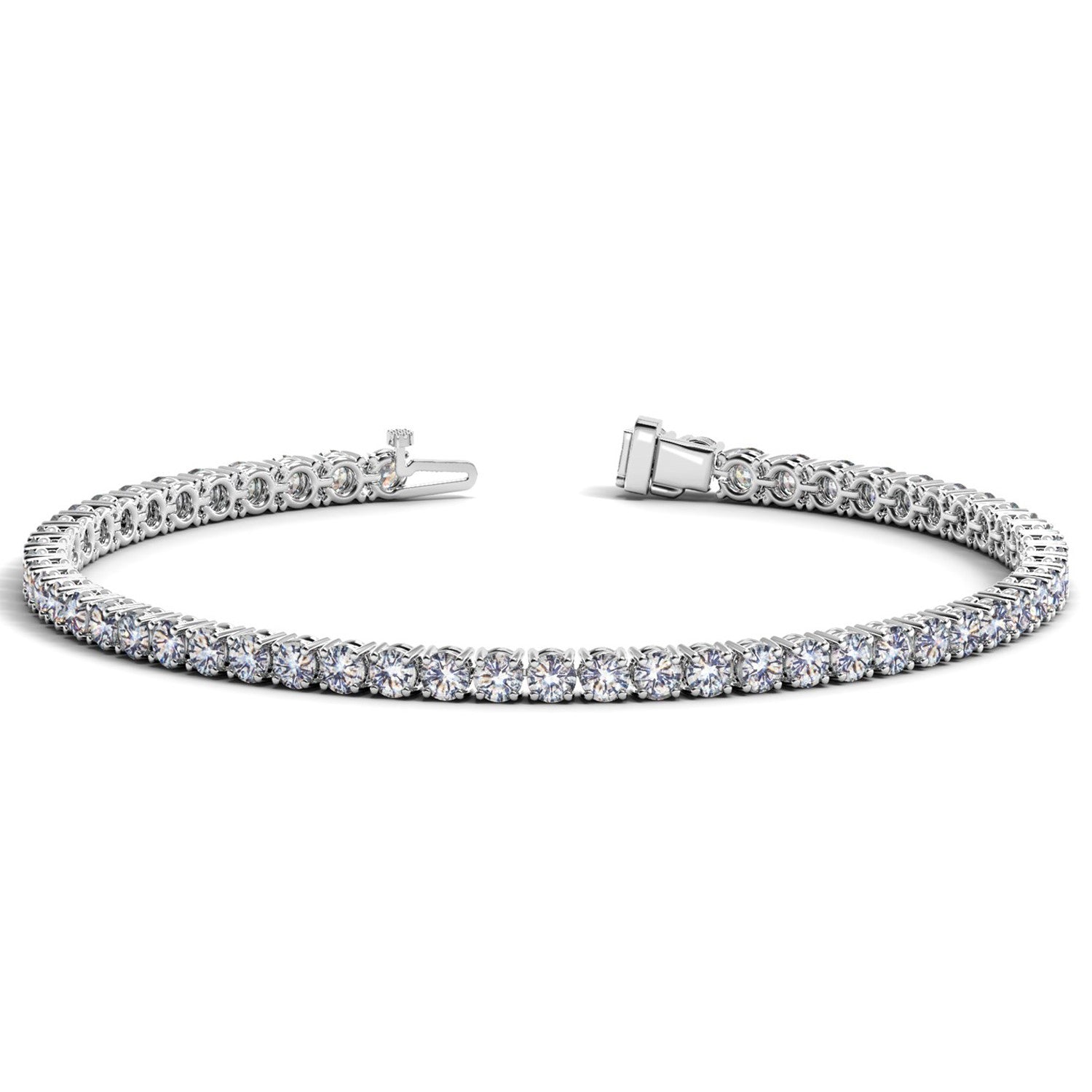 Lab grown diamond tennis bracelet in 14k white gold, featuring prong settings and 7 cctw of F/G VS2/SI1 diamonds.