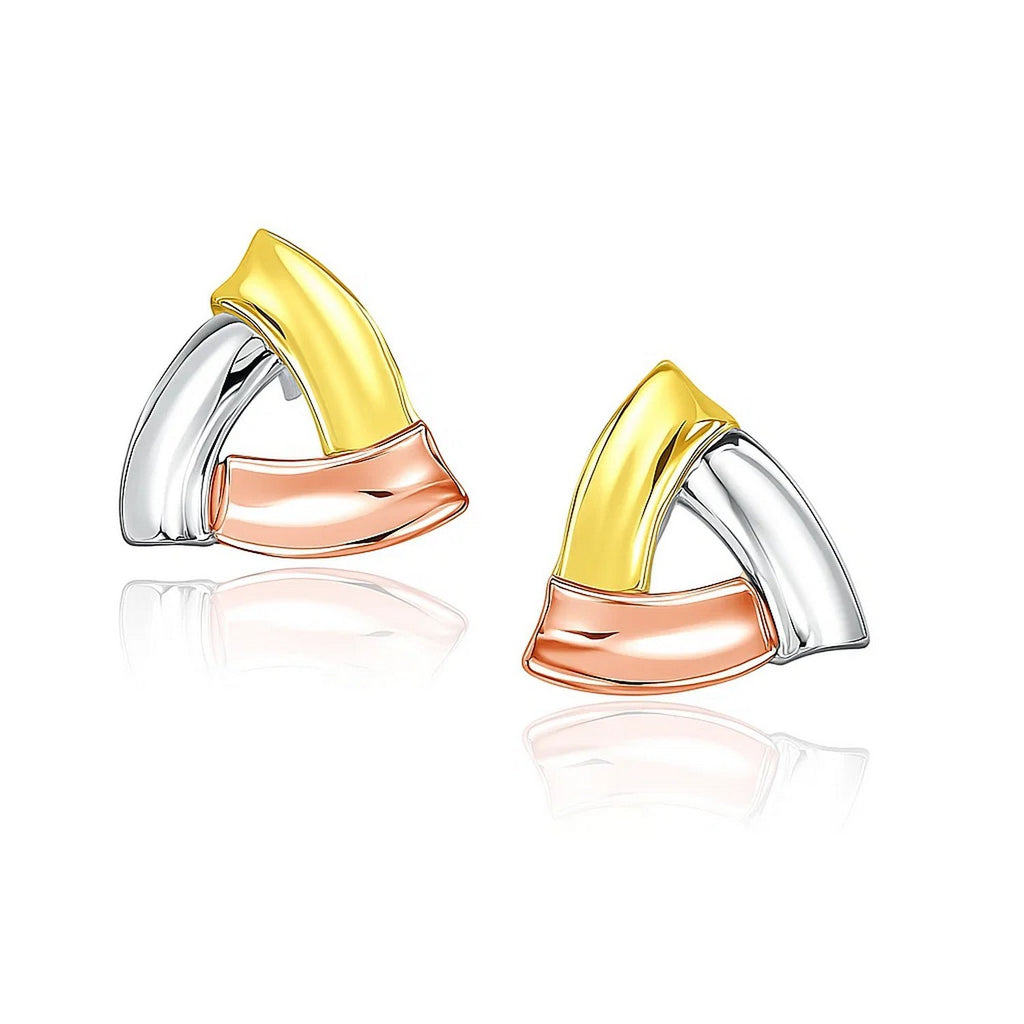 14k tri-color gold triangular open style earrings, showcasing a modern design with luxurious elegance.