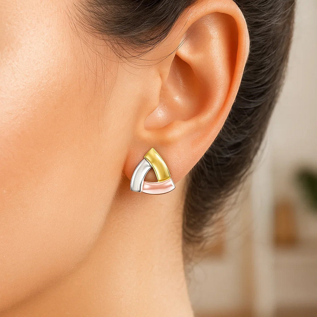 14k tri-color gold triangular open style earrings showcasing a modern design with luxurious elegance.