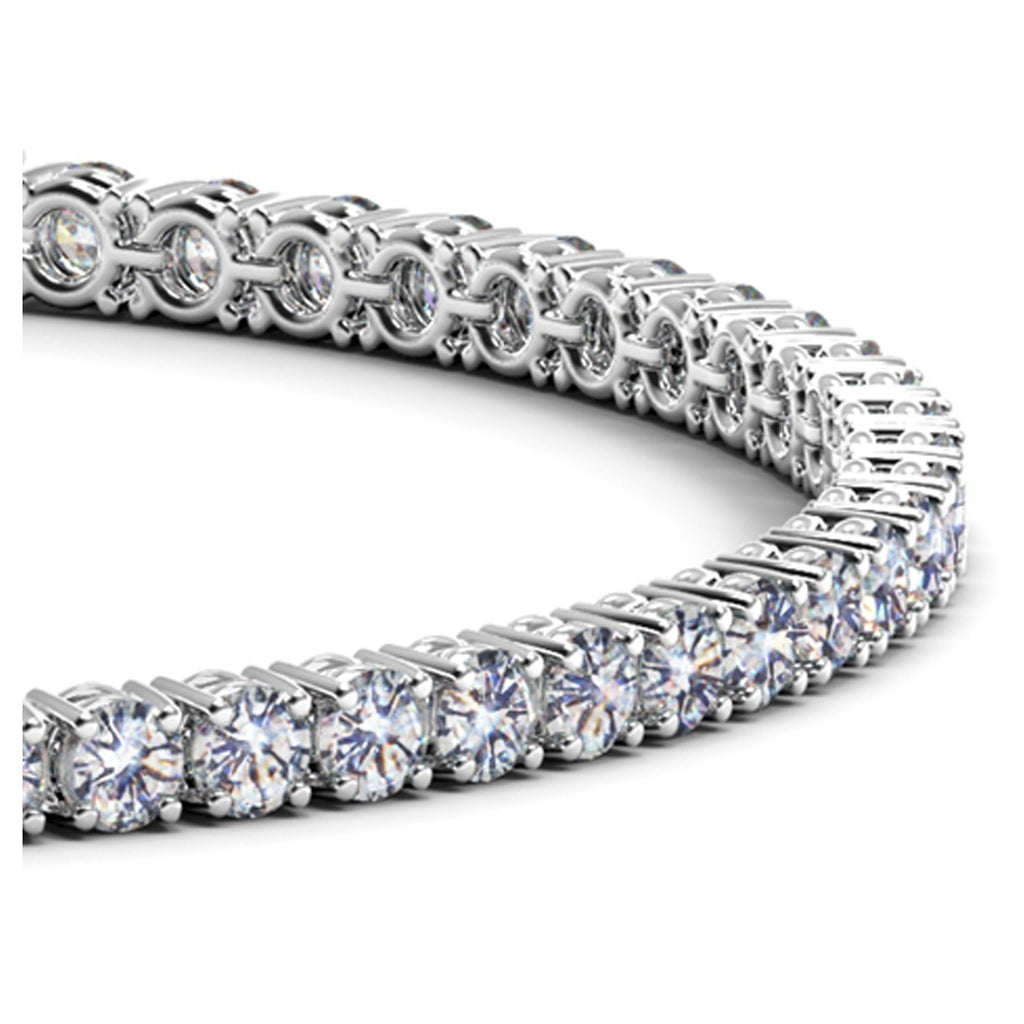 Lab grown diamond tennis bracelet in 14k white gold, featuring a modern prong setting and 5 cctw of F/G VS2/SI1 diamonds.
