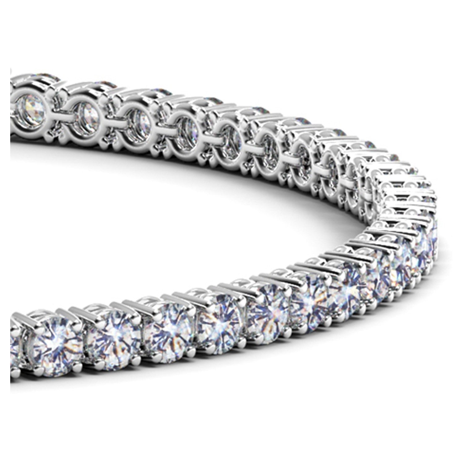 Lab grown diamond tennis bracelet in 14k white gold, featuring a modern prong setting and 5 cctw of F/G VS2/SI1 diamonds.