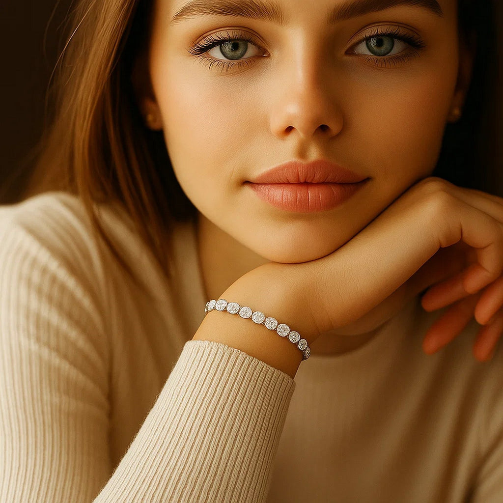 Lab grown diamond tennis bracelet in 14k white gold, featuring prong setting and modern design, 5 cctw F/G VS2/SI1.